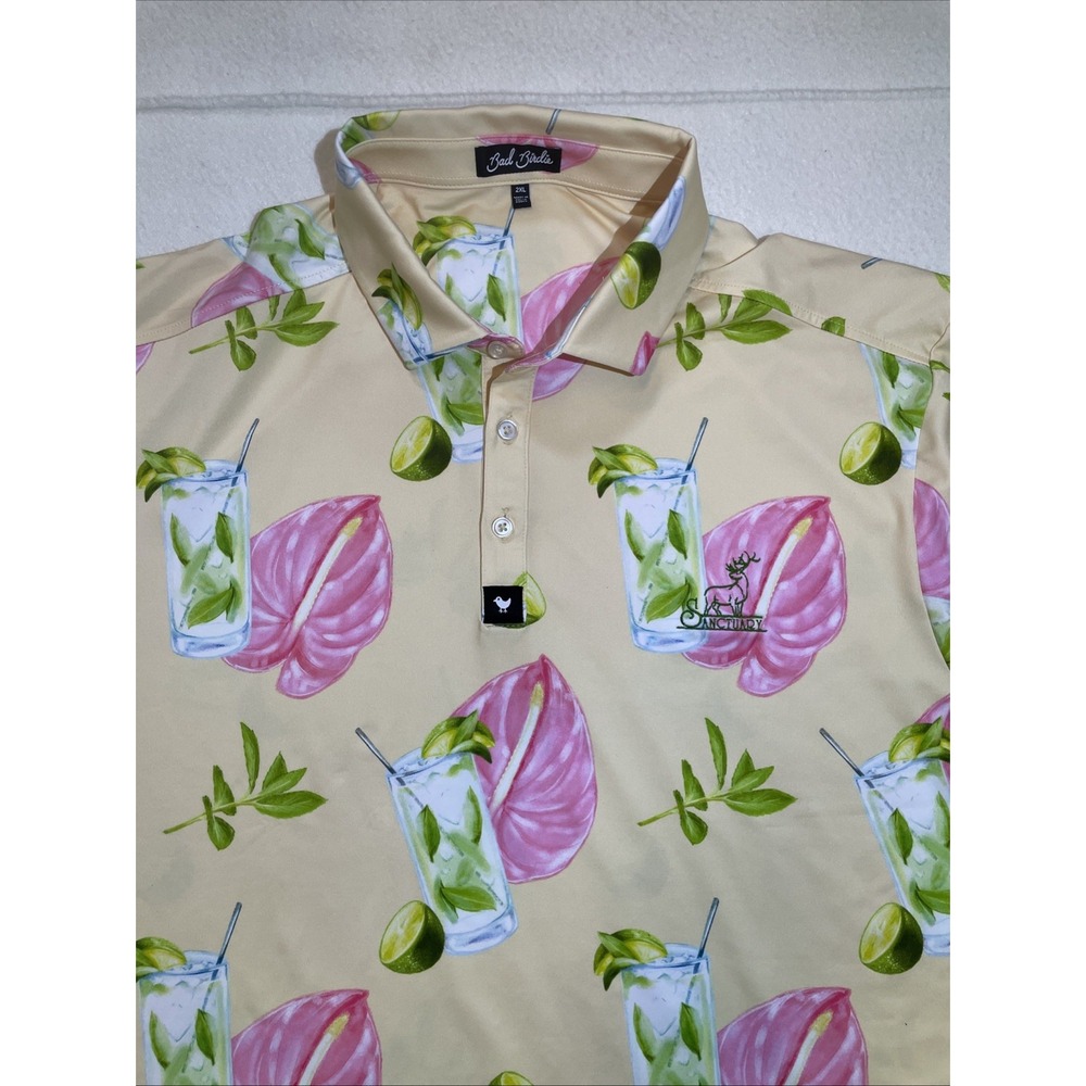 Bad Birdie Polo Golf Shirt All Over‎ Print Cocktails Tiki Floral Mens Size 2XL